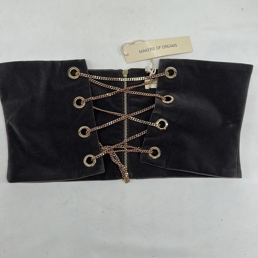 NWT Makers of Dreams Corset Gray Velvet Gold Chain Belt Size S